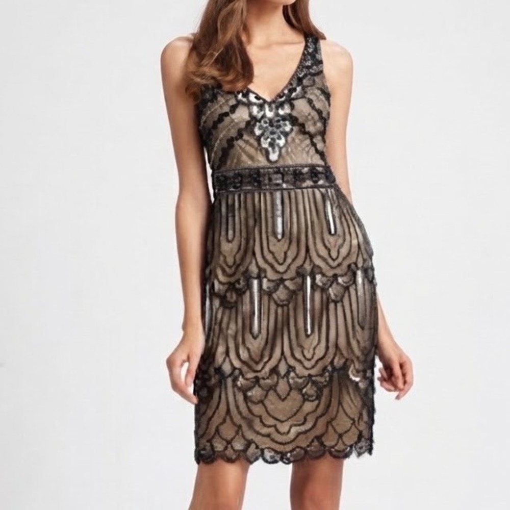 Sue Wong Nocturne 1920s Flapper Beaded Cocktail Dress Size 0 Art Deco Scalloped